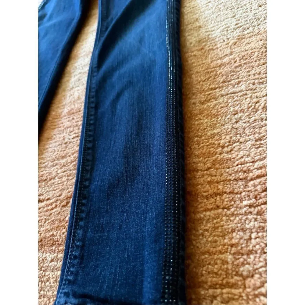 White House Black Market Skinny Leg Dark Wash Jeans Blue Stretch Rhinestone Trim